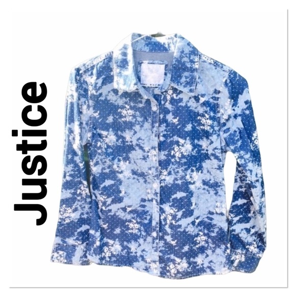 JUSTICE Denim Floral Print Button Down Top size 10 - Picture 1 of 4